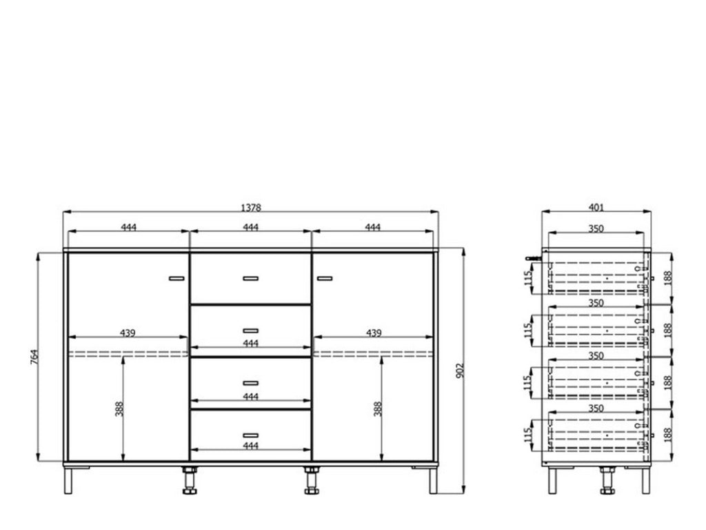 Madia Settime, Credenza 4 Cassetti, 138x40x90h cm Marrone Rovere Nodi