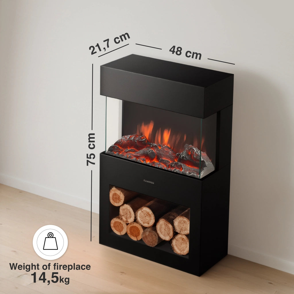 KAMINIO Camino elettrico HENRI - Stufa elettrica con riscaldamento, effetto fiamma 3D, luce ambiente a LED, scomparto de legno, telecomando - Nero