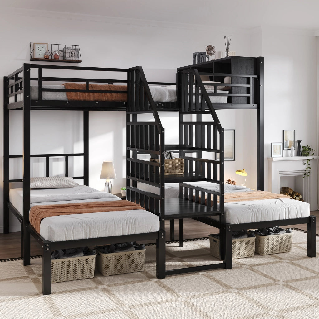 LETTO A CASTELLO 239x208x161 cm Nero in Metallo e Legno, 3 posti