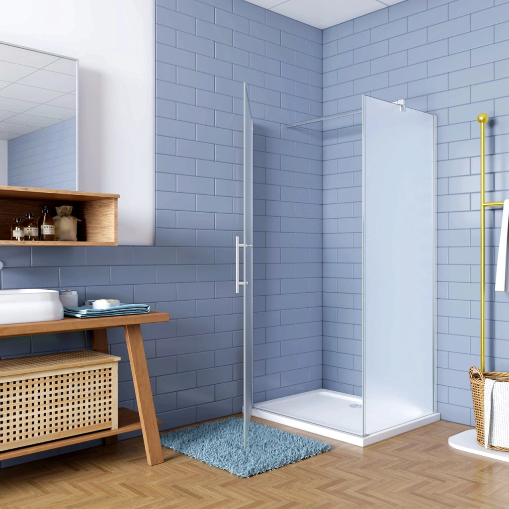 195cm Box Doccia Angolare Porta Battente con Parete Fissa 90x90cm in Vetro Temperato Satinato Opaco 6 mm Anticalcare con Barra Stabilizzatrice 140 cm (montaggio verso irreversibile)