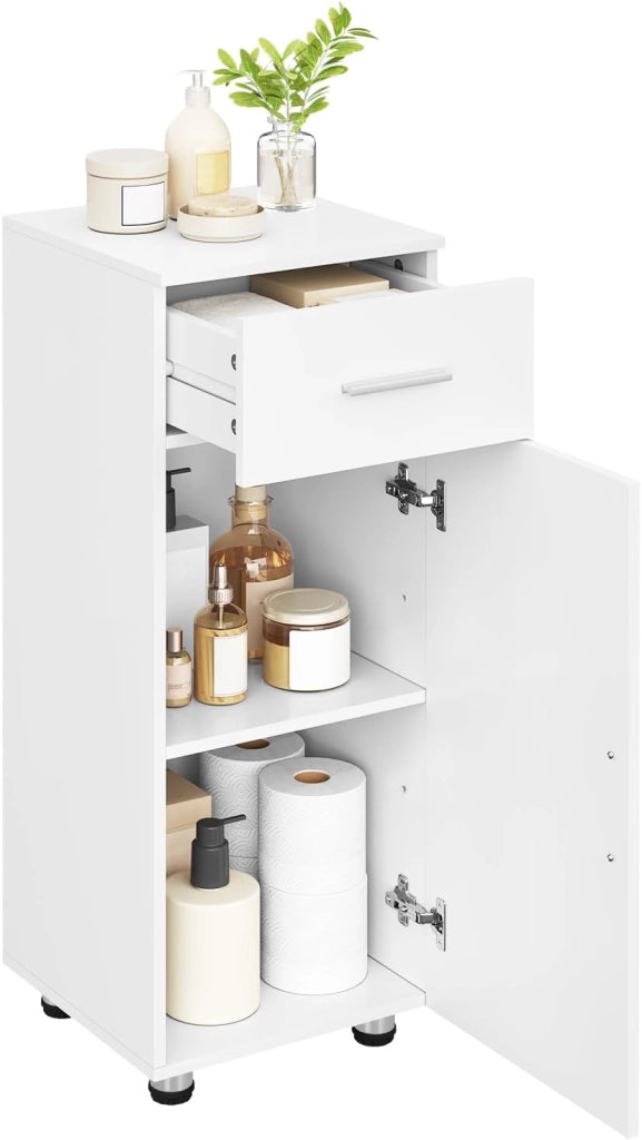 Mobiletto da Bagno Salvaspazio a Colonna, Armadietto in Legno, Mobile da Bagno a Terra, con Cassetto, Anta e Ripiano Regolabile, Bianco