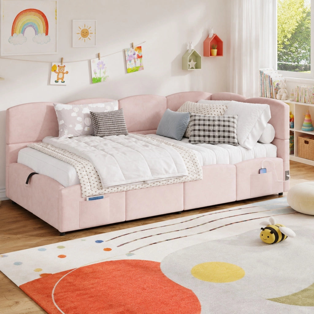 Divano letto contenitore 90x200 cm in velluto rosa con USB-A/USB-C, vano idraulico e tasche laterali