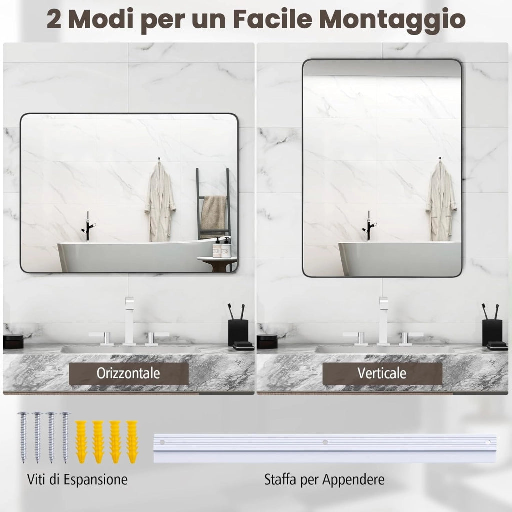 Specchio da Parete 76,5 x 56 cm, Specchio da Bagno Rettangolare con Pellicola Antigraffio, Cornice in Metallo Antiruggine, Ideale per Bagno Soggiorno Ingresso, IP44