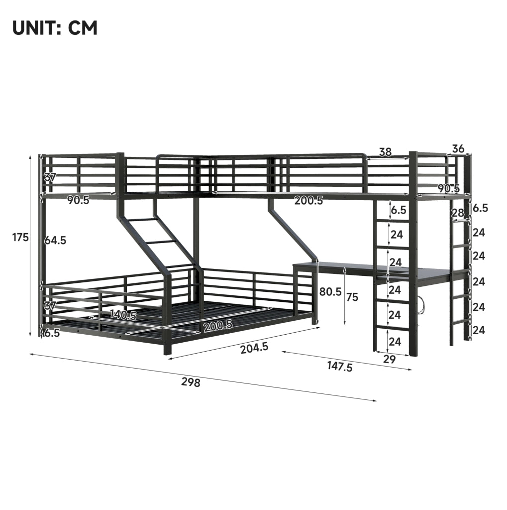 Letto a castello a tre posti con scrivania e presa USB/Type-C; 90x200+140x200 cm; metallo; nero