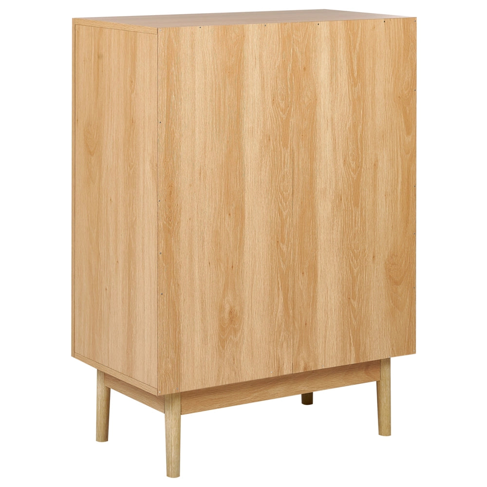 Credenza a 2 ante e 2 ripiani in truciolato di pino chiaro con fronte in rattan stile boho rustico