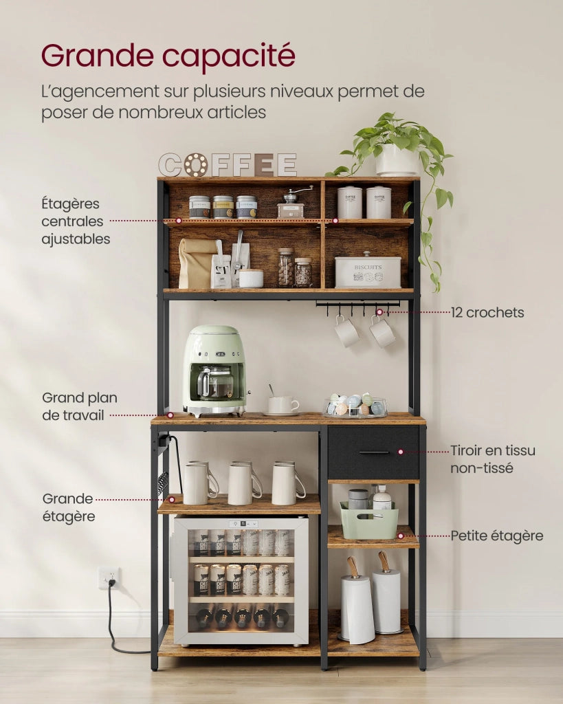 Mensola da cucina con multipresa bar con ripiani regolabili cassetto in tessuto 12 ganci 40 x 100 x 180,4 cm supporto per microonde marrone 12_0005654