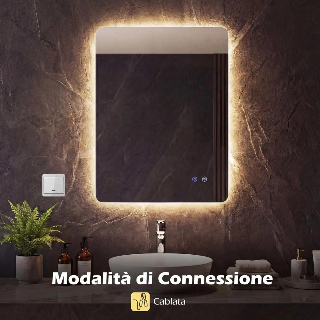Specchio da Bagno Rettangolare con LED, Specchio da Parete con Luminosità Regolabile, Retroilluminato, Touch Intelligente, Vetro Temperato con Memoria e Anti-Appannamento (80 x 60 x 3 cm)