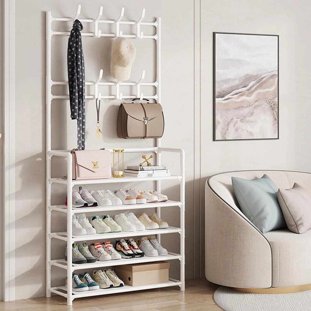 Trade Shop - Scarpiera Cappelliera Da Terra Casa Appendiabiti 3 In 1 Panca Scarpe Con 8 Ganci -