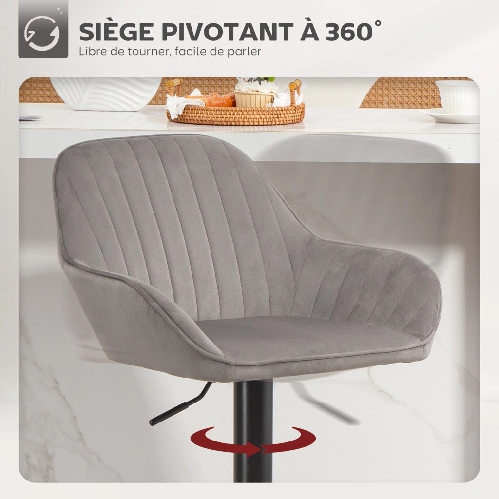 Sgabello da Bar Set 2 Pezzi ¨C Xylo ¨C Velluto Grigio con Schienale Regolabile e Girevole