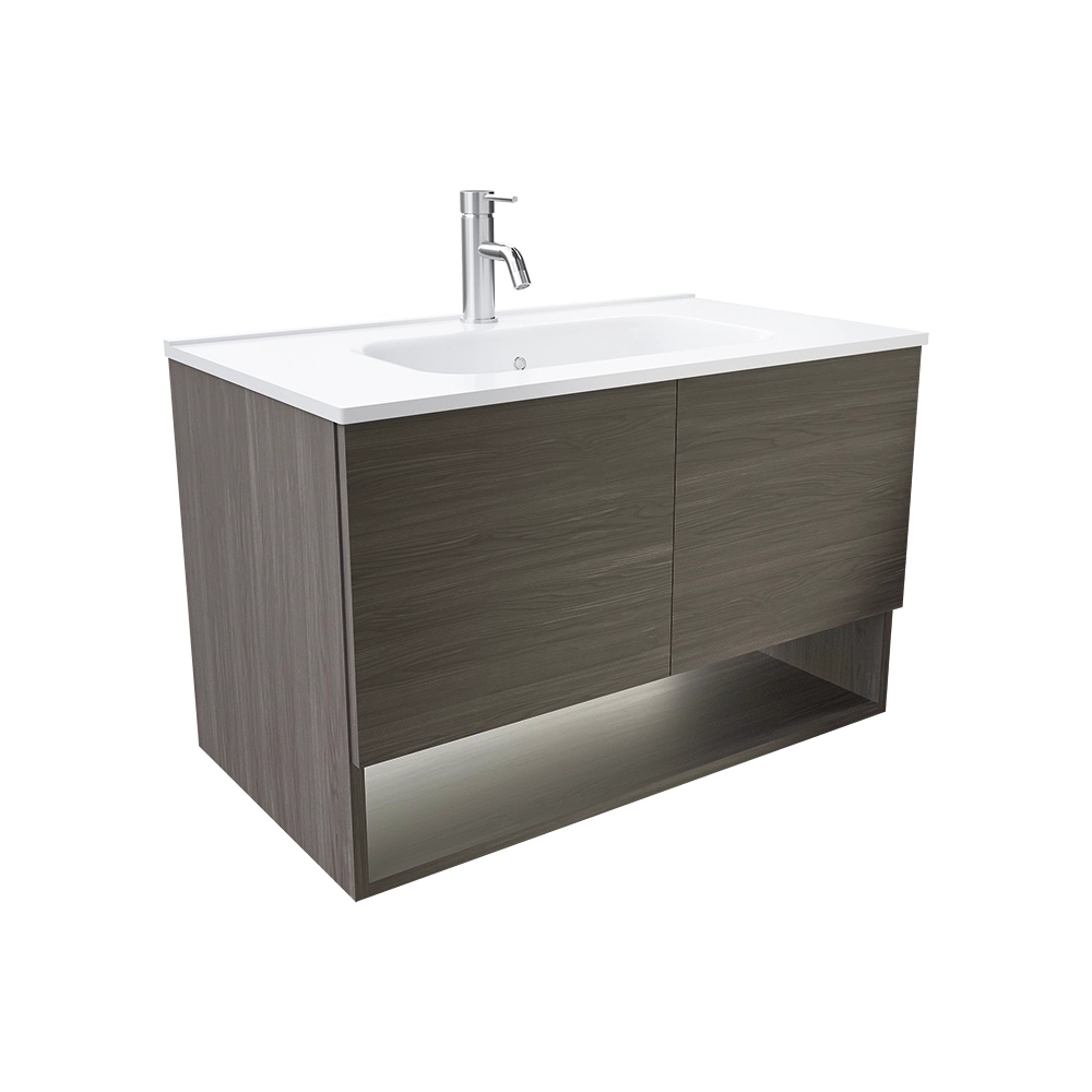 Mobile sospeso 80cm rovere scuro con due ante, vano a giorno e lavabo | Sauris
