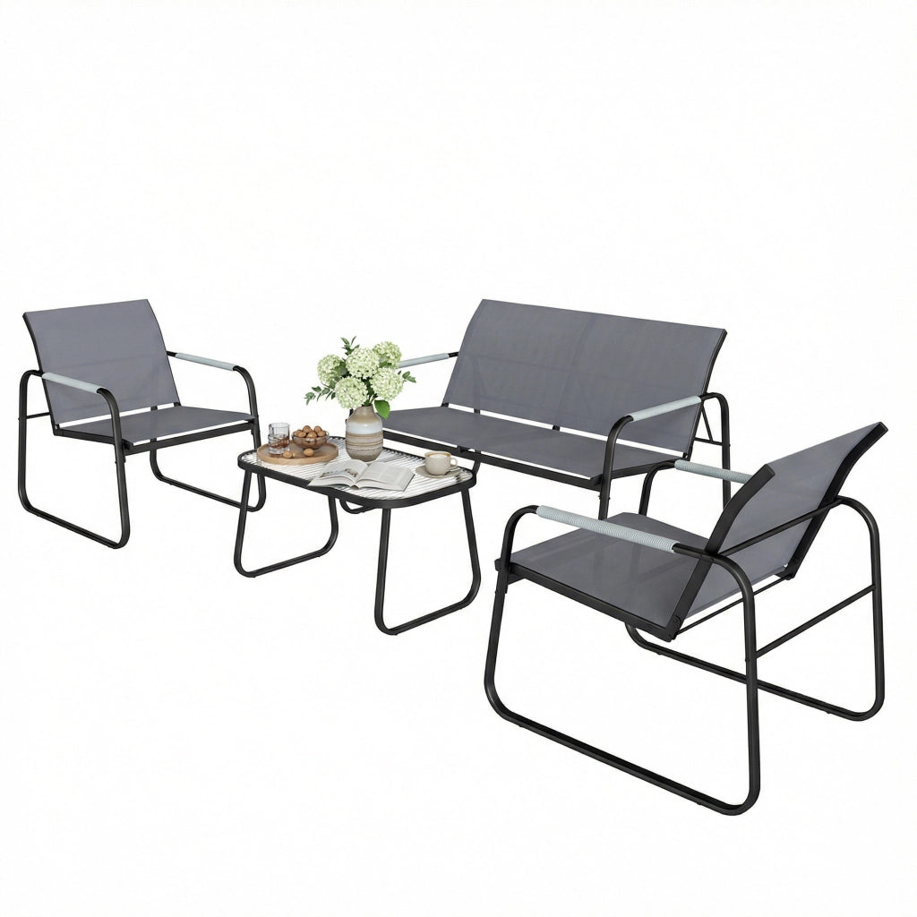 Set da Giardino 4 pz con Divano 2 Posti, 2 Sedie e Tavolino, Struttura in Metallo Grigio