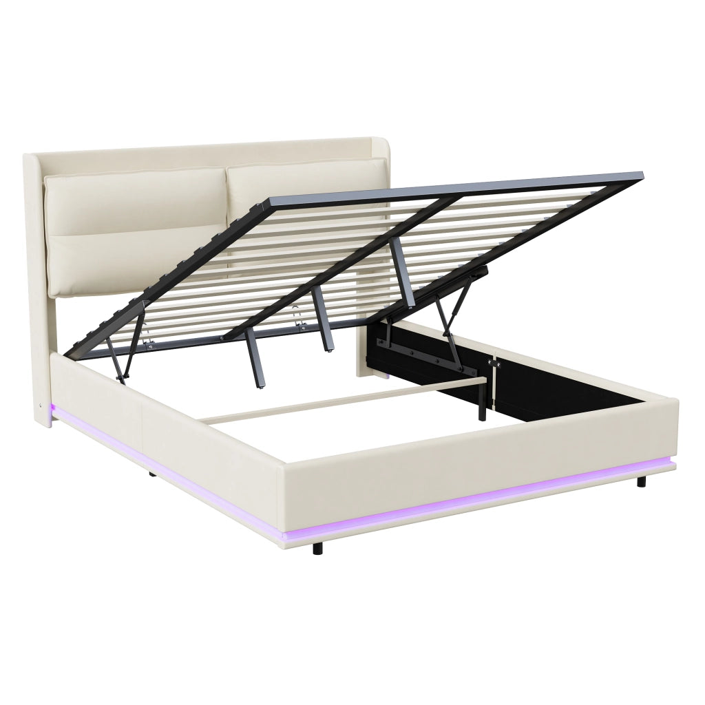 Letto contenitore 160x200 cm velluto beige, testiera imbottita, ricarica wireless, USB‑C e USB, luci RGB‑LED con telecomando, meccanismo idraulico