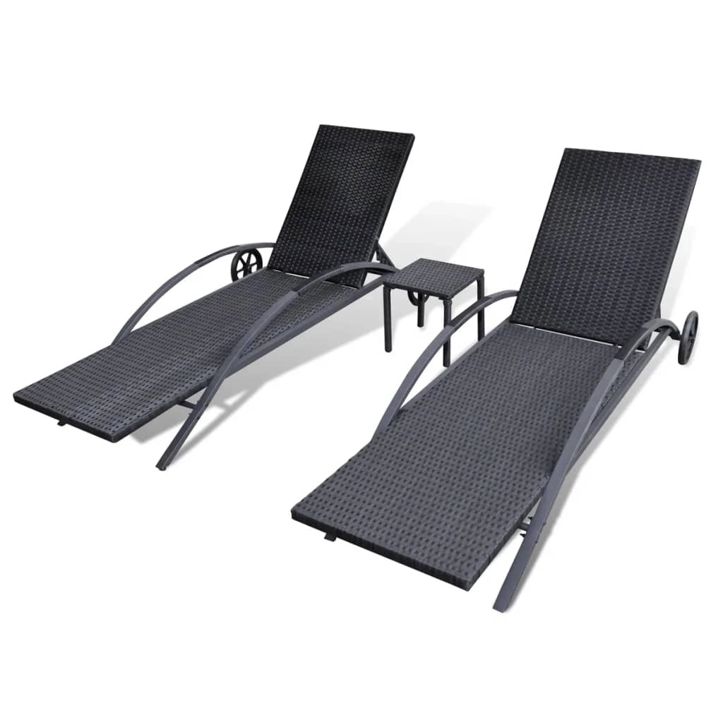 Set di due lettini prendisole da 200 cm con tavolo in resina intrecciata nera 02_0011915