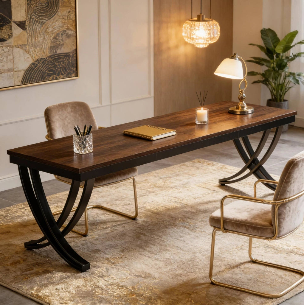 Scrivania doppia per computer 200x70 cm con struttura a X in metallo, ideale per ufficio e home office