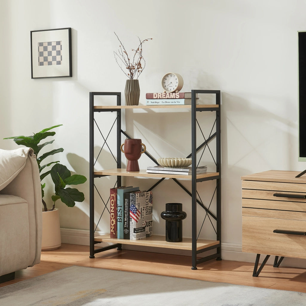 Libreria Skørping a 3 Ripiani Scaffale da Terra 90 x 65 x 30 cm - Nero / Effetto Rovere [en.casa]