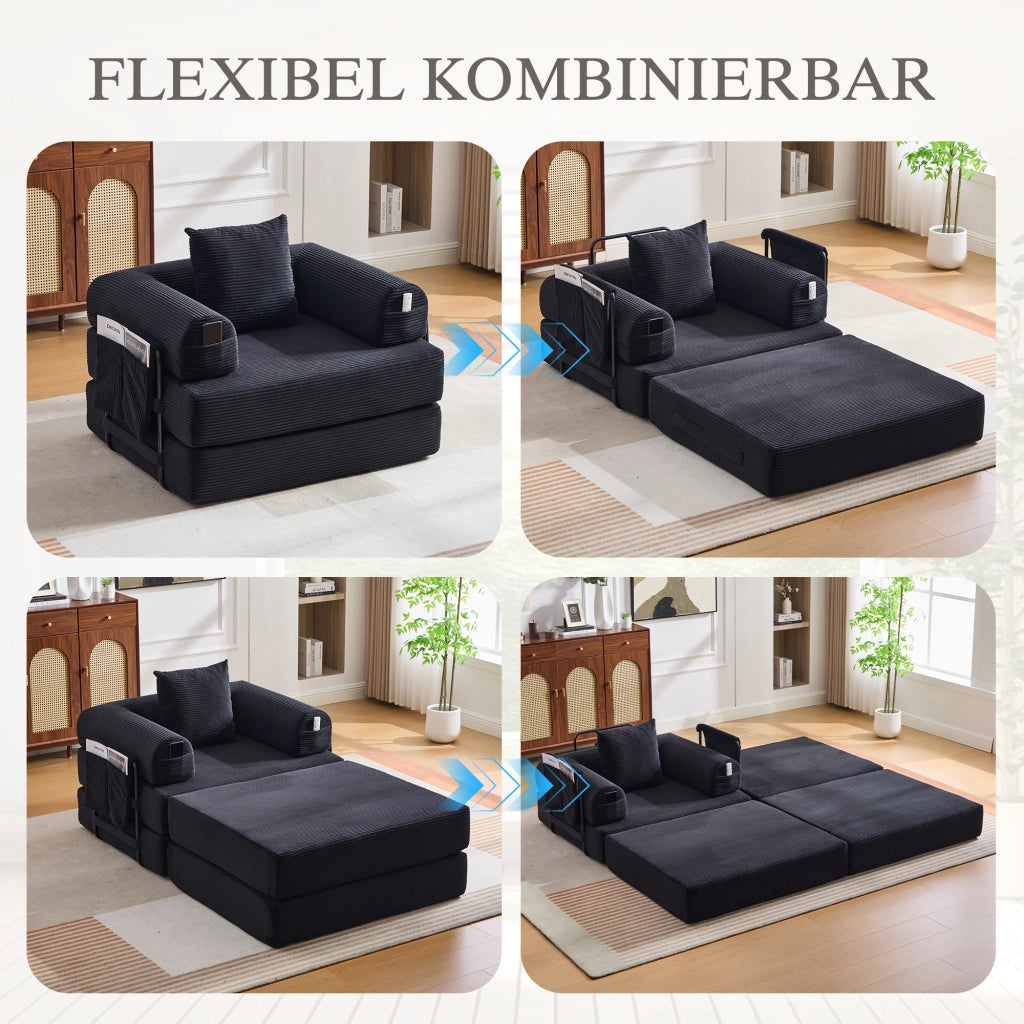 DIVANO Modulare 112x190x67 cm in tessuto a coste Nero con cuscino e pouf