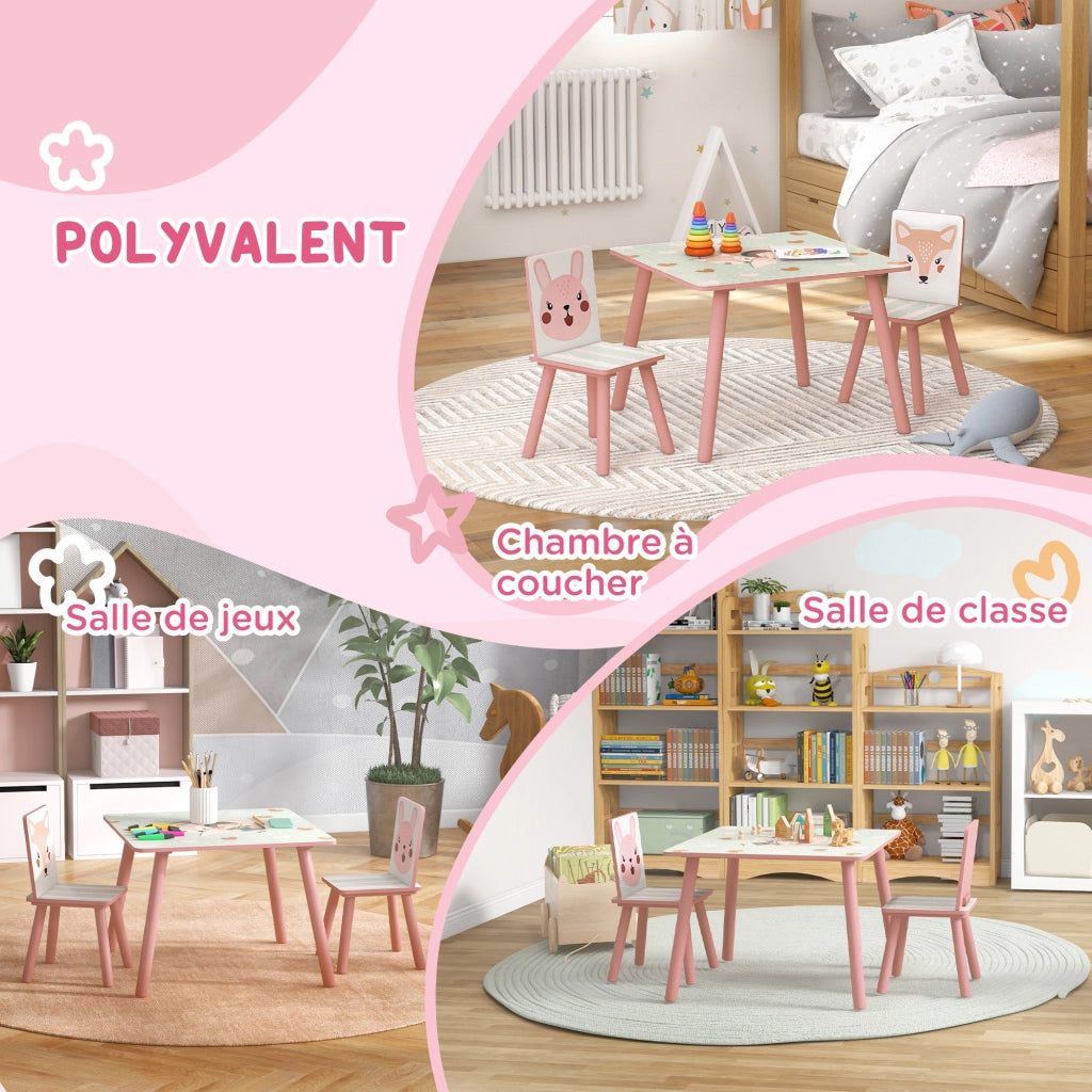 Tavolo e Sedie per Bambini ¨C Zephmum ¨C Rosa, Legno, Motivo Animali