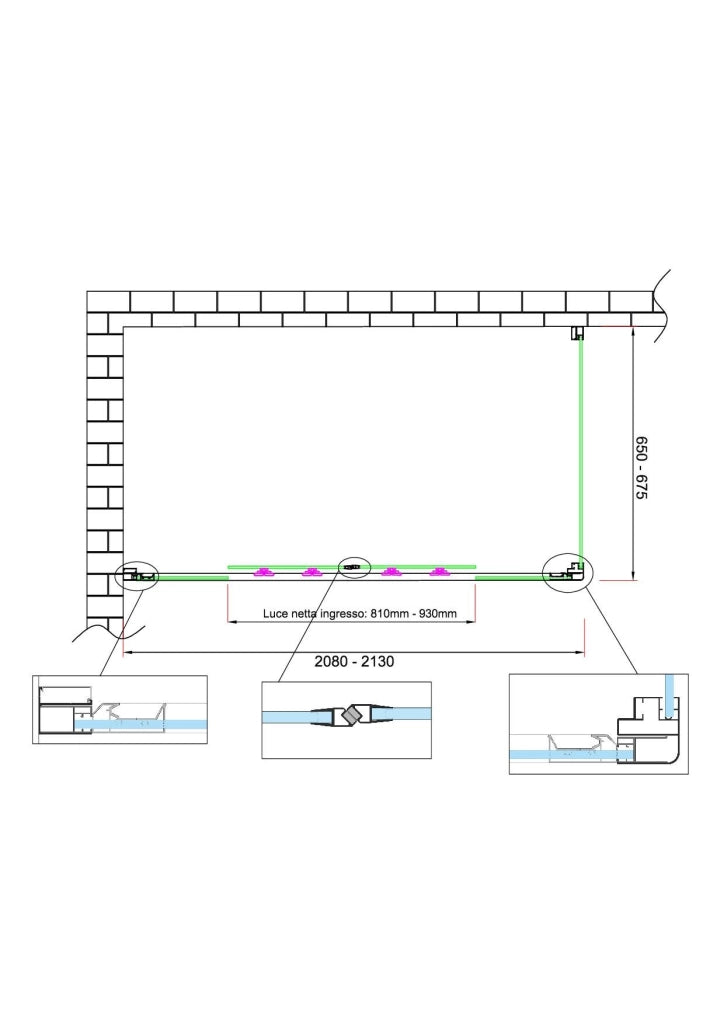 Box doccia 6 mm H 190 parete fissa e porta a 4 ante con apertura centrale MISURA 65-67,5 ANTA FISSA + PORTA 208-213