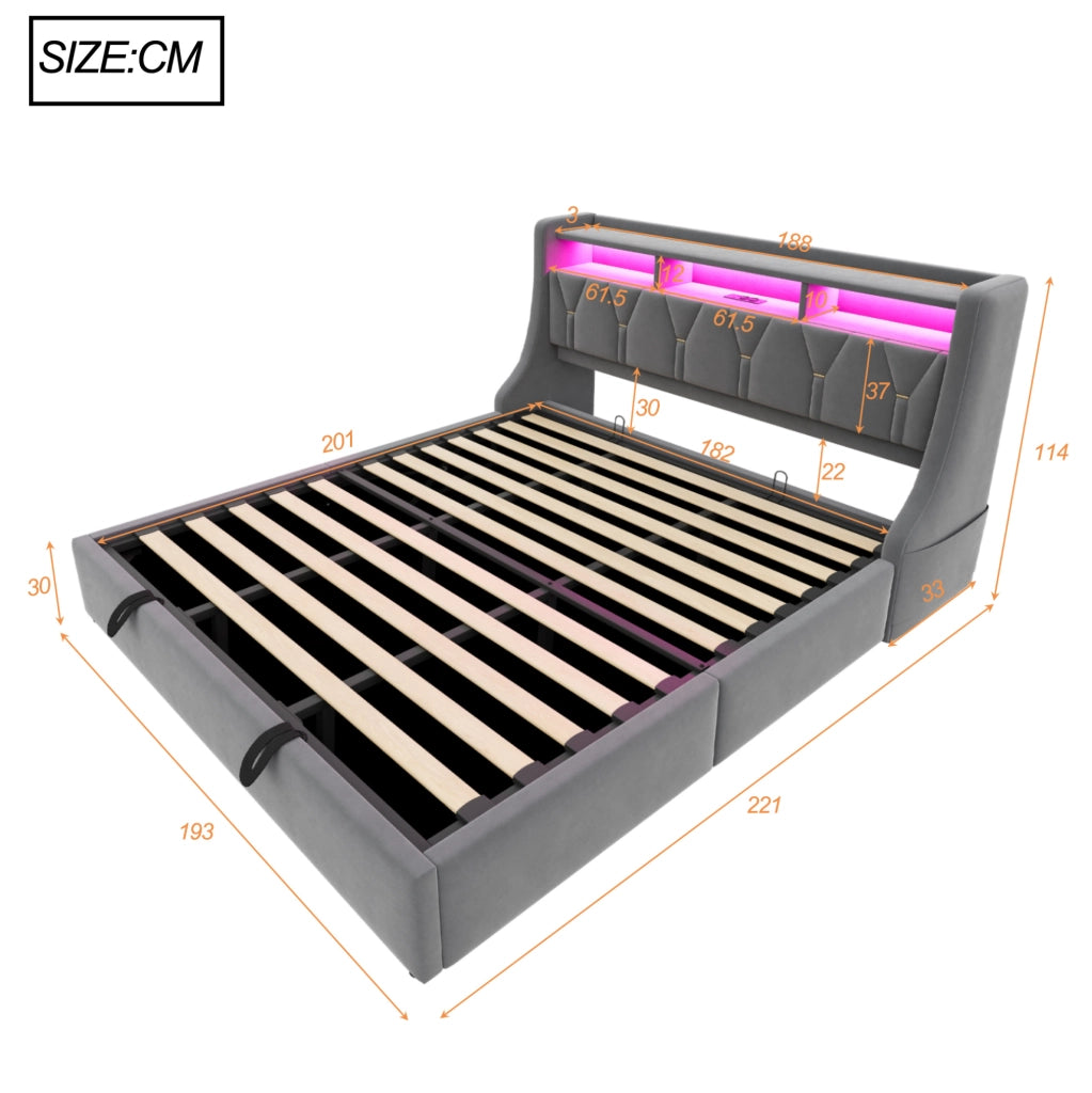 Letto matrimoniale con contenitore 180x200 cm in velluto grigio; testiera ribaltabile con LED e prese USB