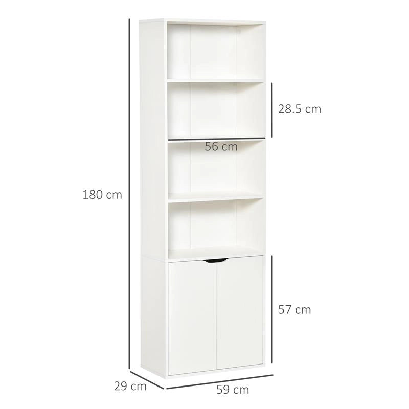 LIBRERIA MODERNA 4 RIPIANI CON ARMADIETTO A 2 ANTE IN LEGNO, 59X29X180CM, BIANCA