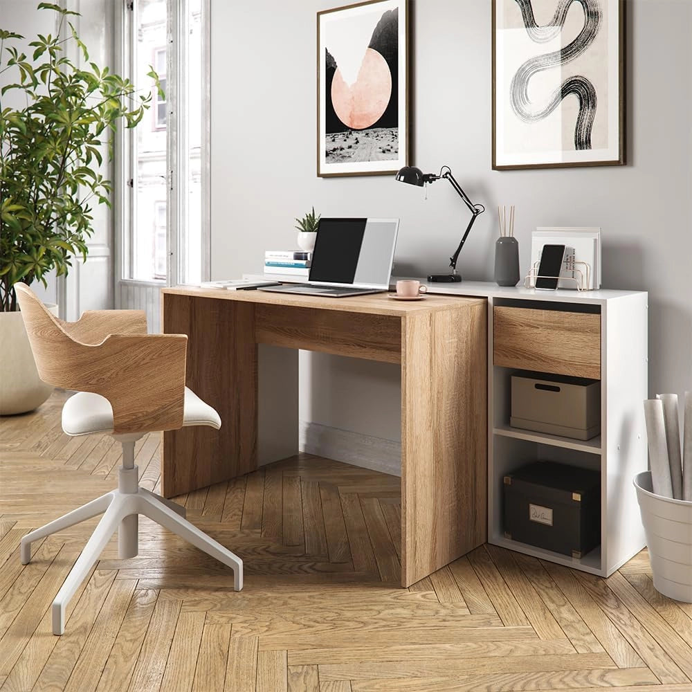 Scrivania Ben, Bianco/Sonoma, 145 x 46.4 cm, con piano di lavoro e ripiani aperti per l'organizzazione