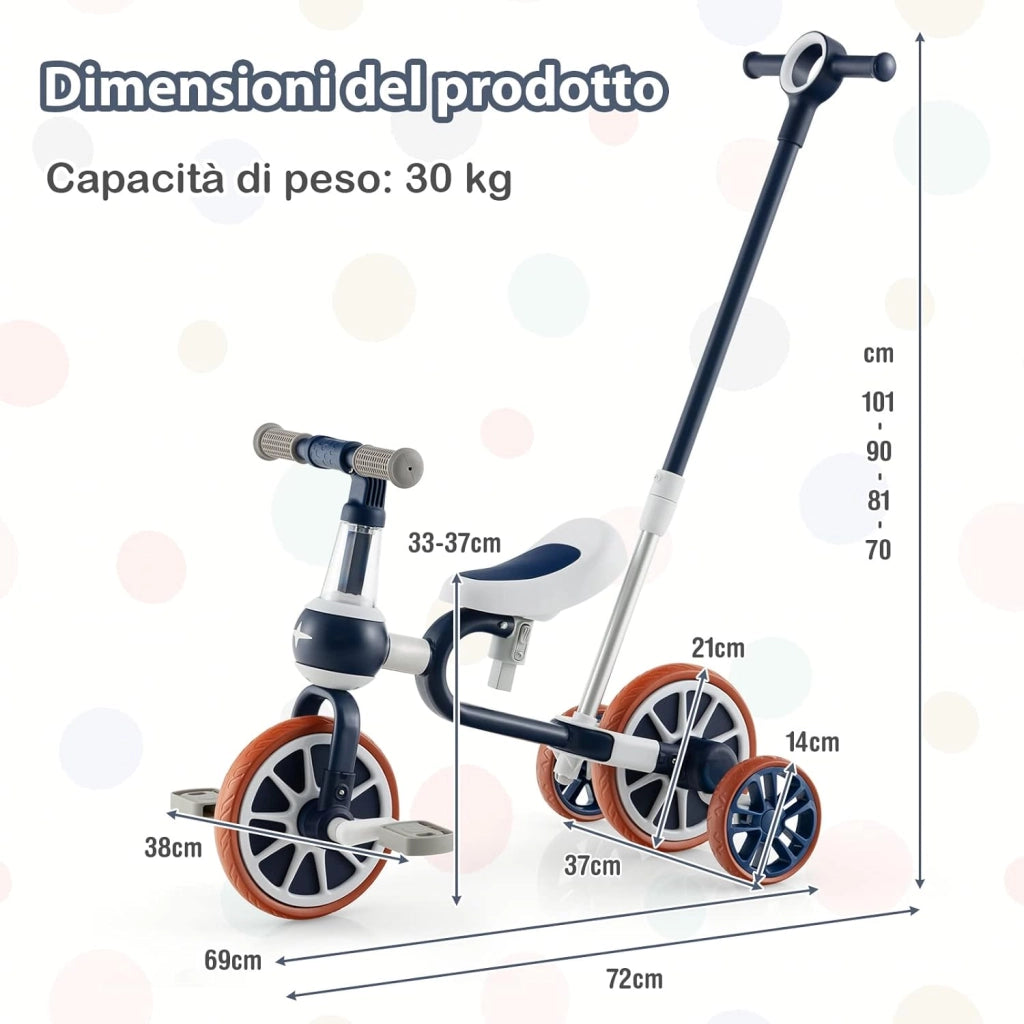 4 in 1 Triciclo per Bambini con Maniglia di Spinta, Triciclo per Bambini Bicicletta Equilibrio con Maniglia, Sedile Regolabili e Pedali Rimovibili, per 2-4 anni (Blu Navy)