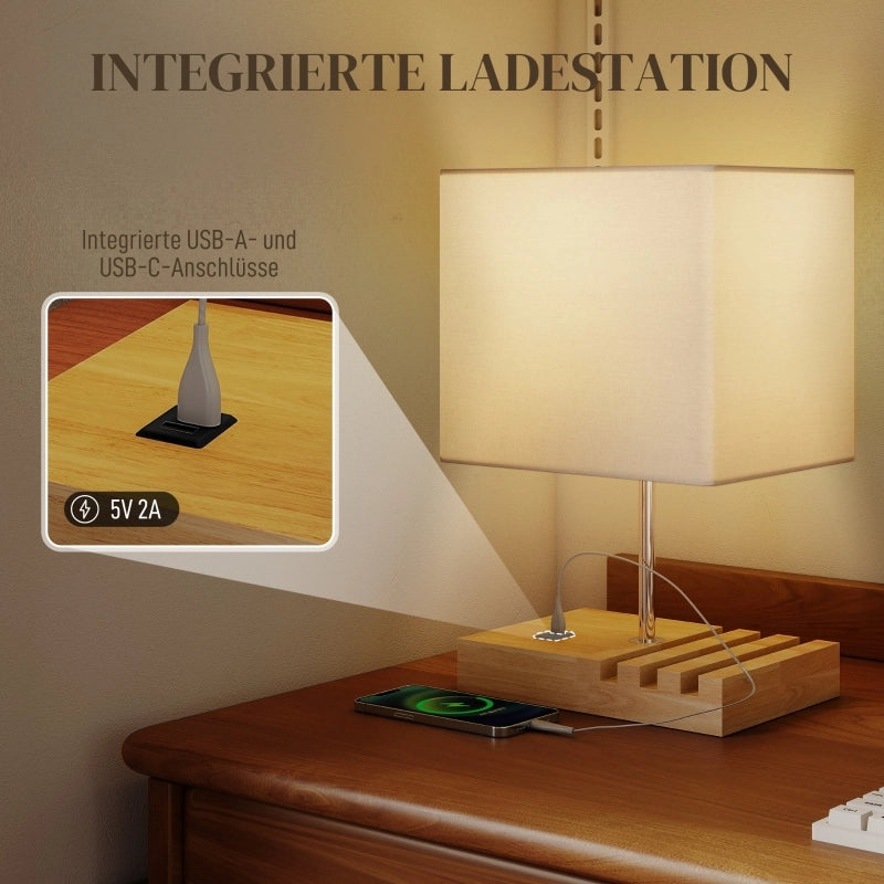 Lampada da comodino, porte USB, legno, tessuto, interruttore a bilanciere, vani portaoggetti, bianco