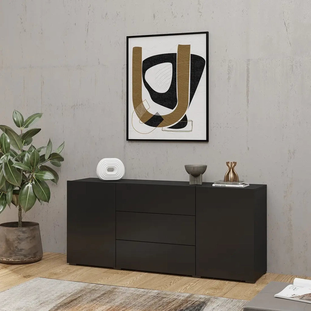 Credenza 140 cm collezione EVA con 2 ante e 3 cassetti. Colore nero e rovere.