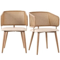 Set di 2 sedie da pranzo con schienale in rattan, cuscino della seduta in pelle PU, 51x 54x79 cm, Beige Marrone