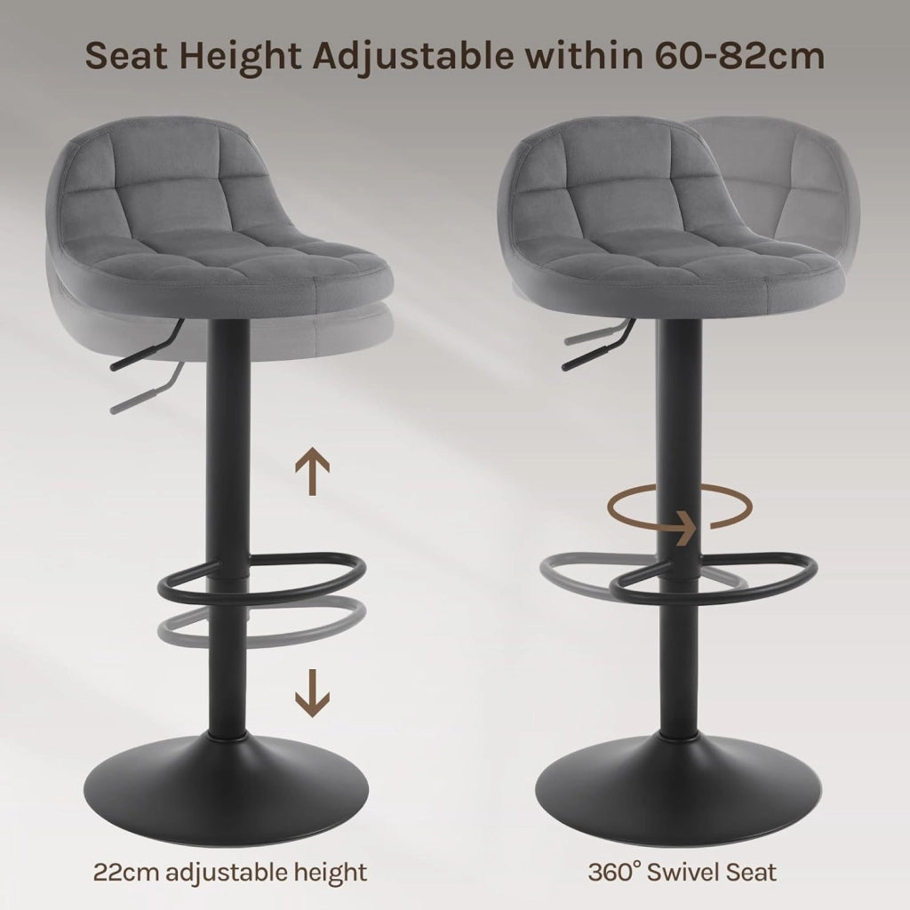 Set di 2 Sgabelli da Bar con Schienale Sedia Alta da Cucina Imbottita Seduta Regolabile in Altezza 60-82cm con Poggiapiedi Girevole a 360° in Velluto, Grigio Scuro BH317dgr-2