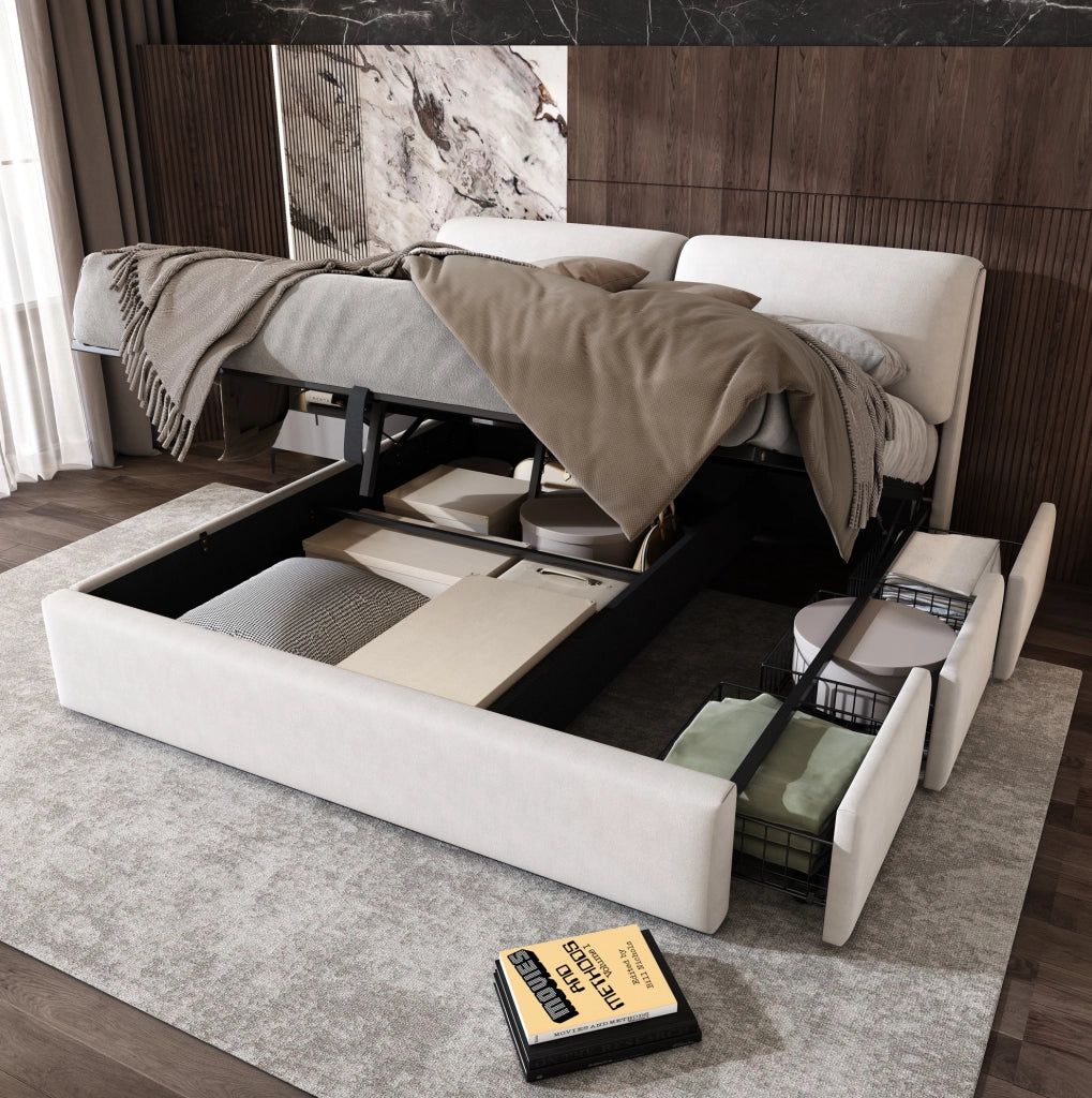 Letto imbottito 160x200 cm con contenitore; 3 cassetti; alzata idraulica; velluto beige