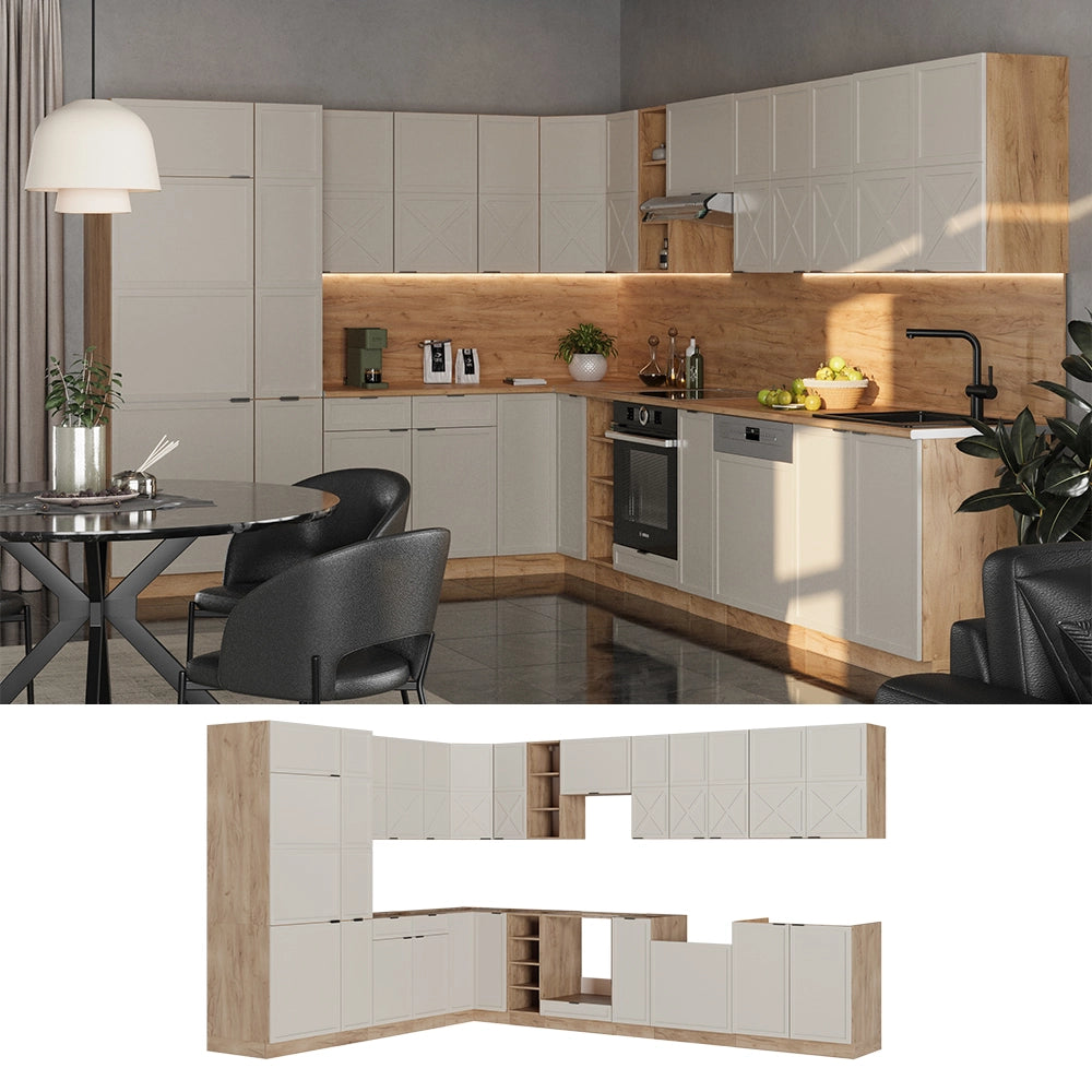 Cucina angolare completa Fame-Line GrigioBeige/Rovere dorato 347 x 60 cm, PL Marmo Vicco