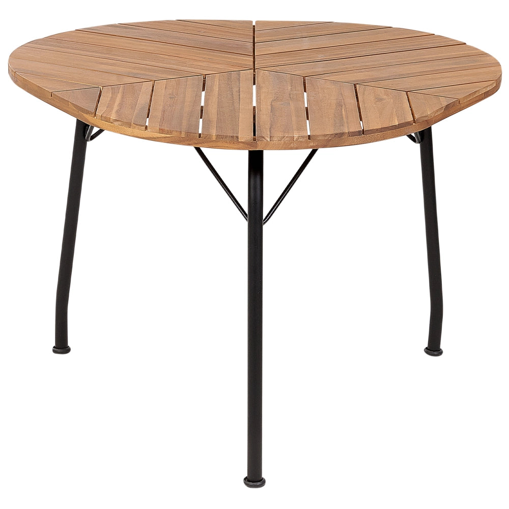 Tavolo da pranzo da giardino in legno chiaro di acacia piano rotondo 120 cm design a doghe per interni esterni