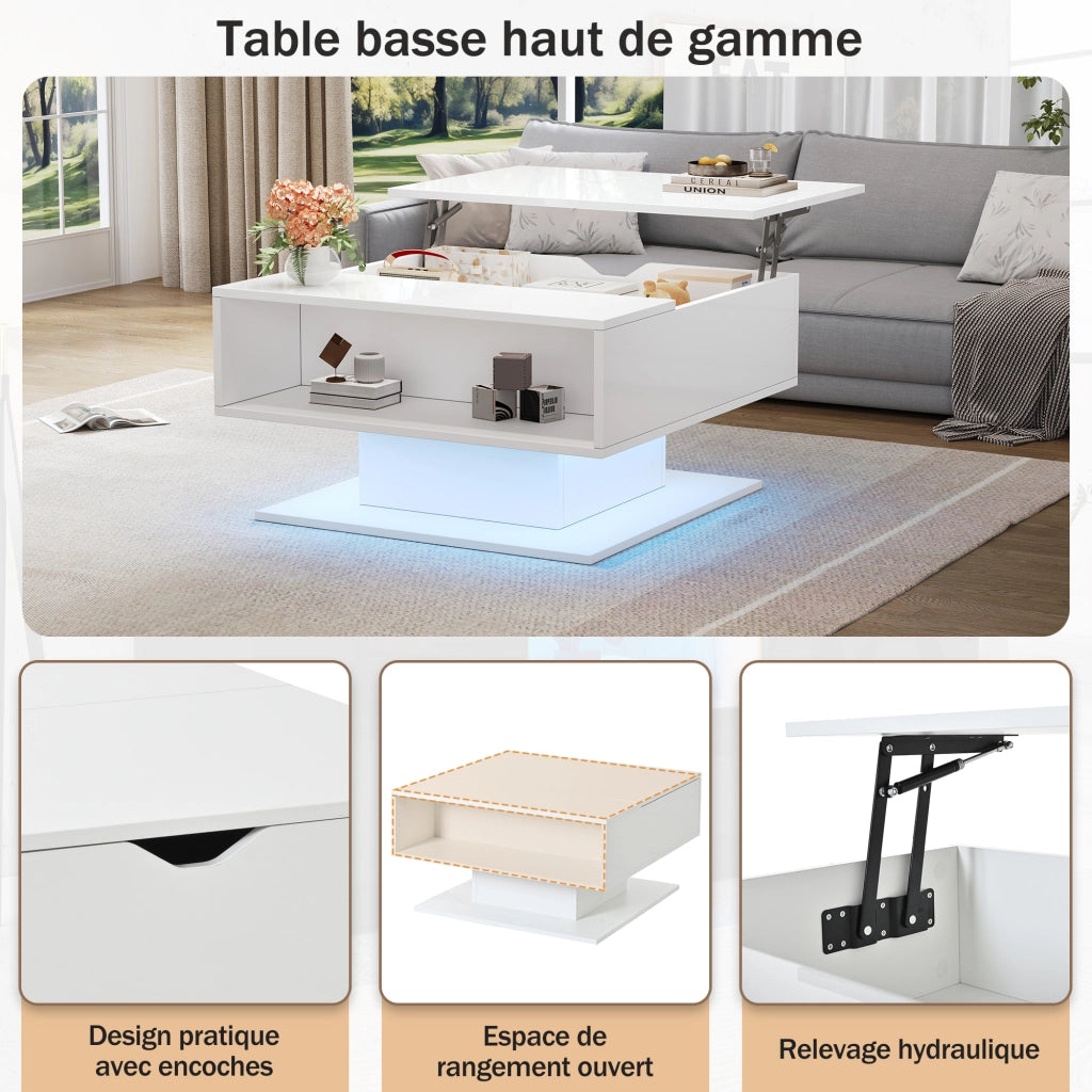 Tavolino da caffè alzabile con vano nascosto; LED; per soggiorno; 80×75×40 cm; bianco
