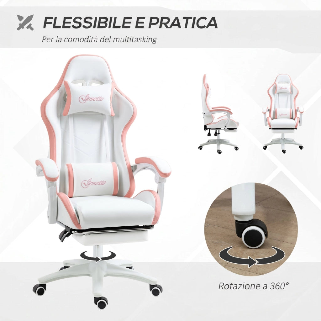 Sedia da Gaming con Altezza Regolabile e Schienale Reclinabile 135°, 65x65x121-129 cm, Bianco e Rosa