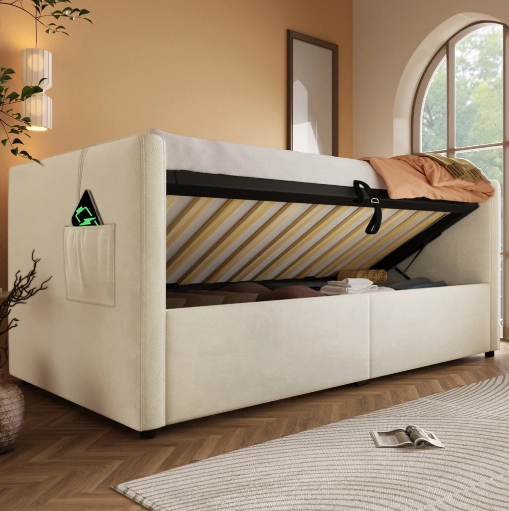 Letto imbottito 90x200 cm con contenitore idraulico; USB e Type-C; velluto beige