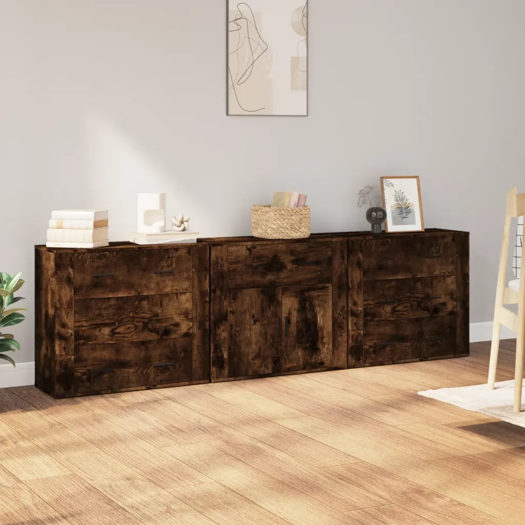 Credenze 3 pz | Madia | Buffet da pranzo | Armadio da pranzo Rovere Fumo in Legno Multistrato