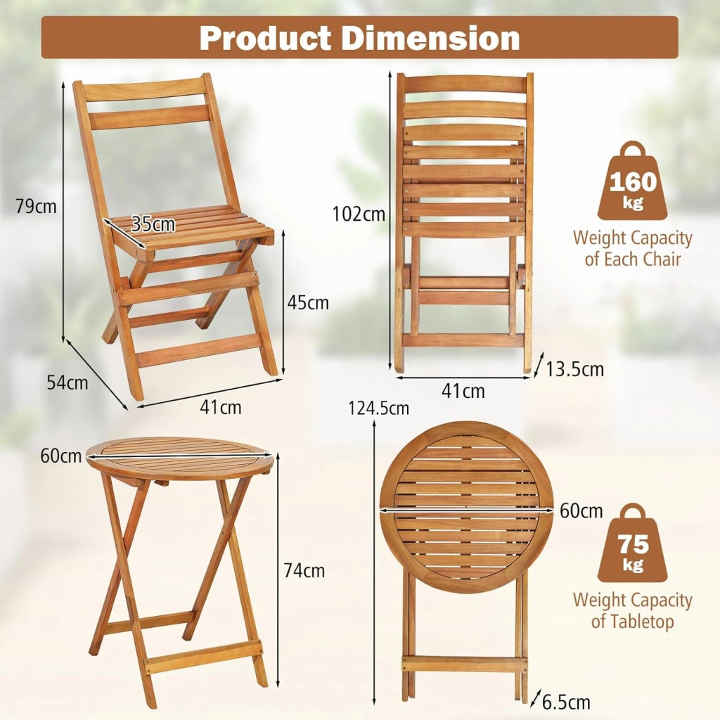 Set Tavolo e Sedie Pieghevoli a 3 Pezzi, 1 Tavolo Rotondo e 2 Sedie con Schienale, Set Mobili da Giardino in Legno di Acacia, Set Bistro con Sedile a Doghe per Interno ed Esterno, Naturale