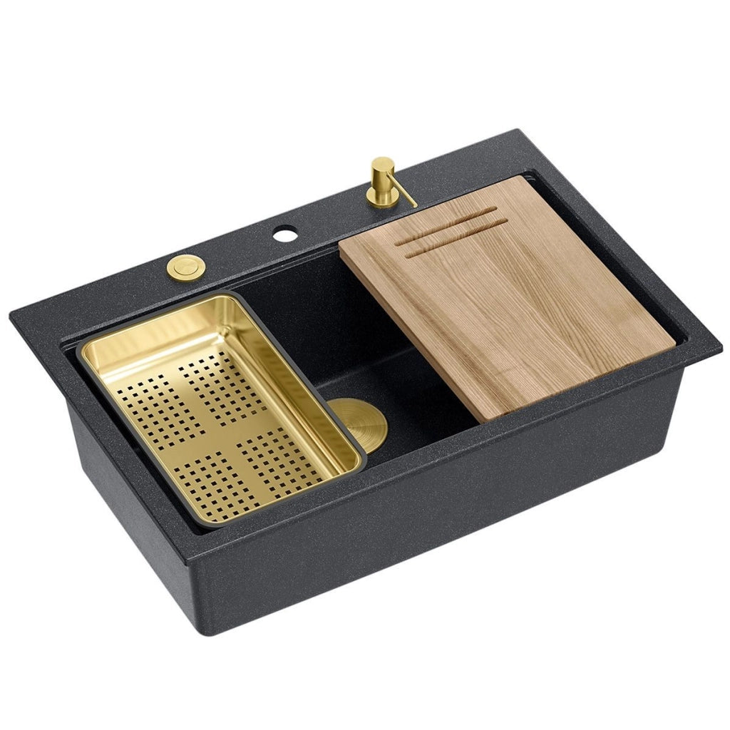 Lavello In Granito Marc 110 Workstation Black Metallic Tappo rame spazzolato
