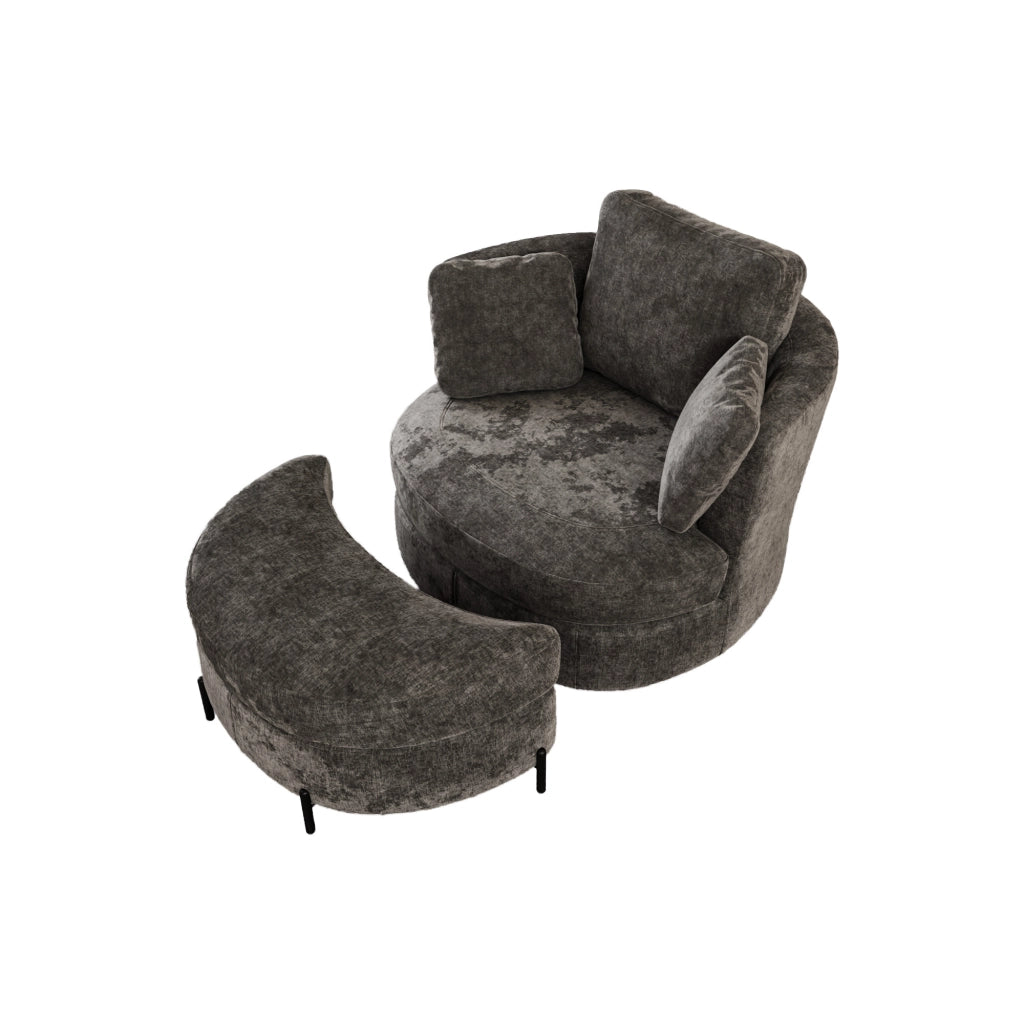 Poltrona XXL con Pouf a Luna ¨C MINIMAL ¨C Grigio, Tessuto Chenille, Cuscini