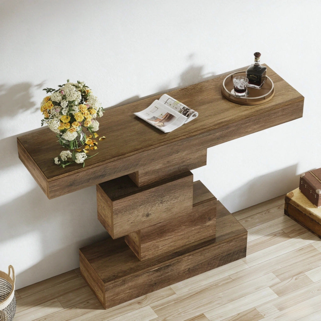 Tavolo consolle 108x30x80 cm con base geometrica in legno marrone chiaro