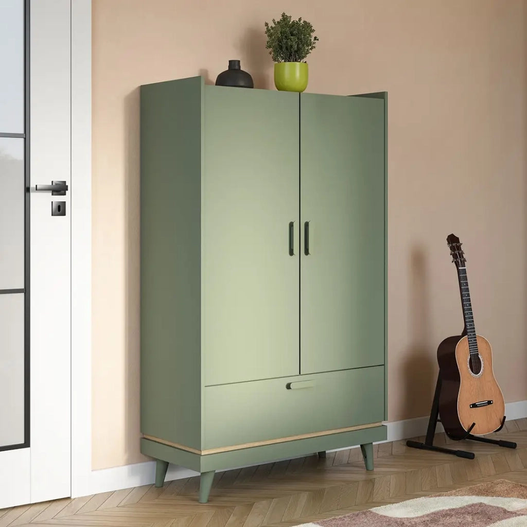 Armadio NOKI – 2 ante + 1 cassetto verde e legno – Piccolo armadio stile scandinavo
