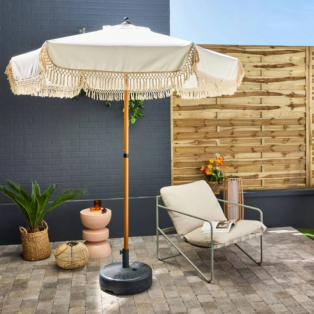 Ombrellone rotondo dritto con frange, ø2m, beige
