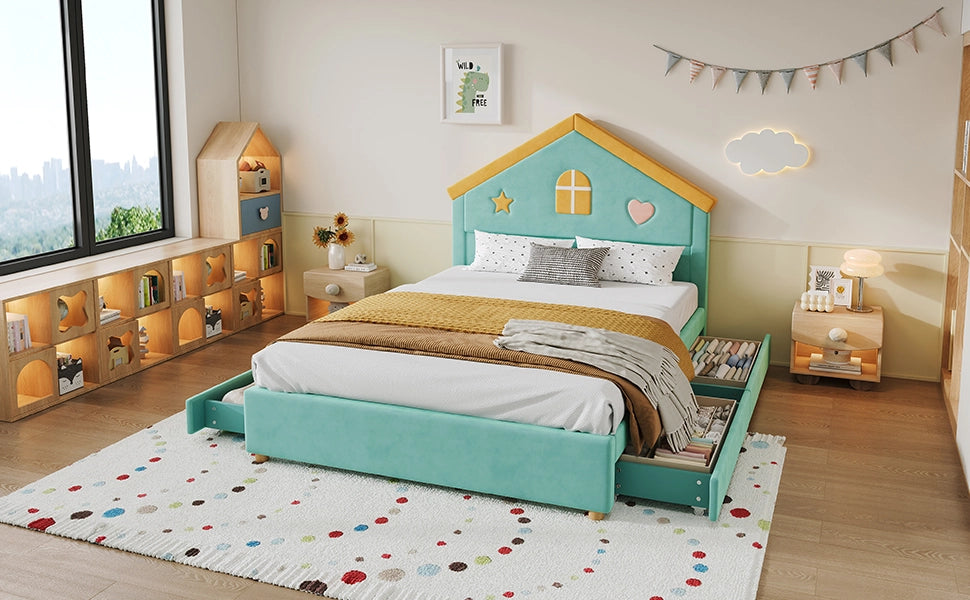 Letto per bambini a casetta 140 × 200 cm con 4 cassetti, senza materasso, in velluto, bluverde