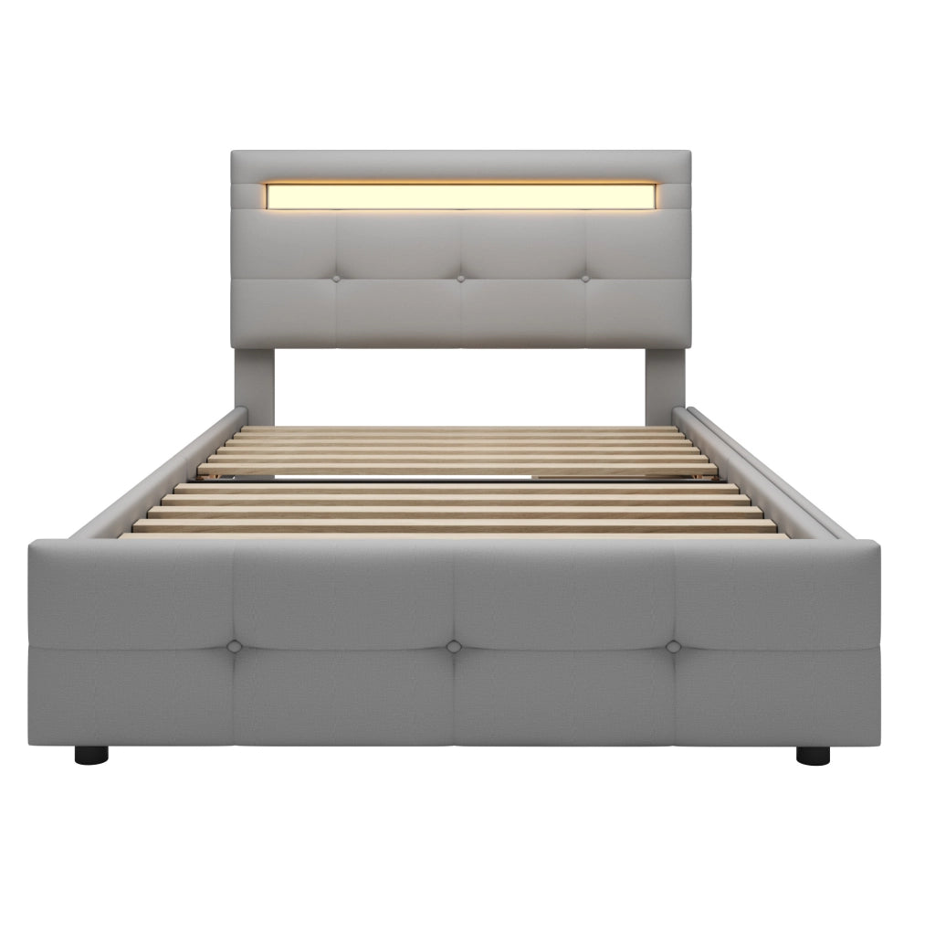 Letto imbottito 90x200 cm con LED; 2 cassetti; rete a doghe; grigio
