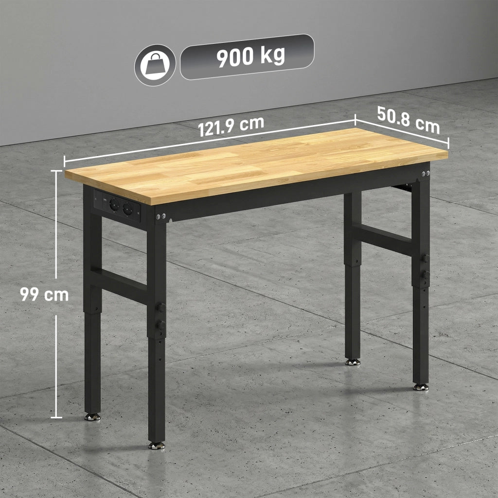 Banco da Lavoro in Legno e Acciaio Altezza Regolabile. 2 Prese AC. Capacit¨¤ 900 kg. Color Legno e Nero