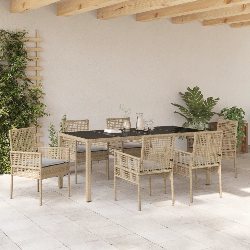 Set da Pranzo da Giardino 7 Pezzi con Cuscini Beige in Polyrattan