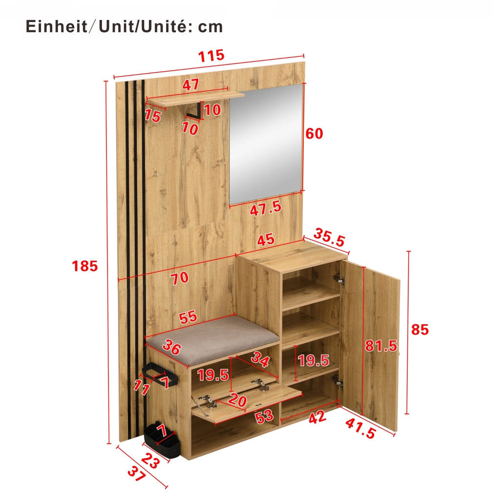 Guardaroba da ingresso compatto con specchio, panca imbottita e portascarpe, struttura in MDF, colore naturale e nero, 115 x 37 x 185 cm