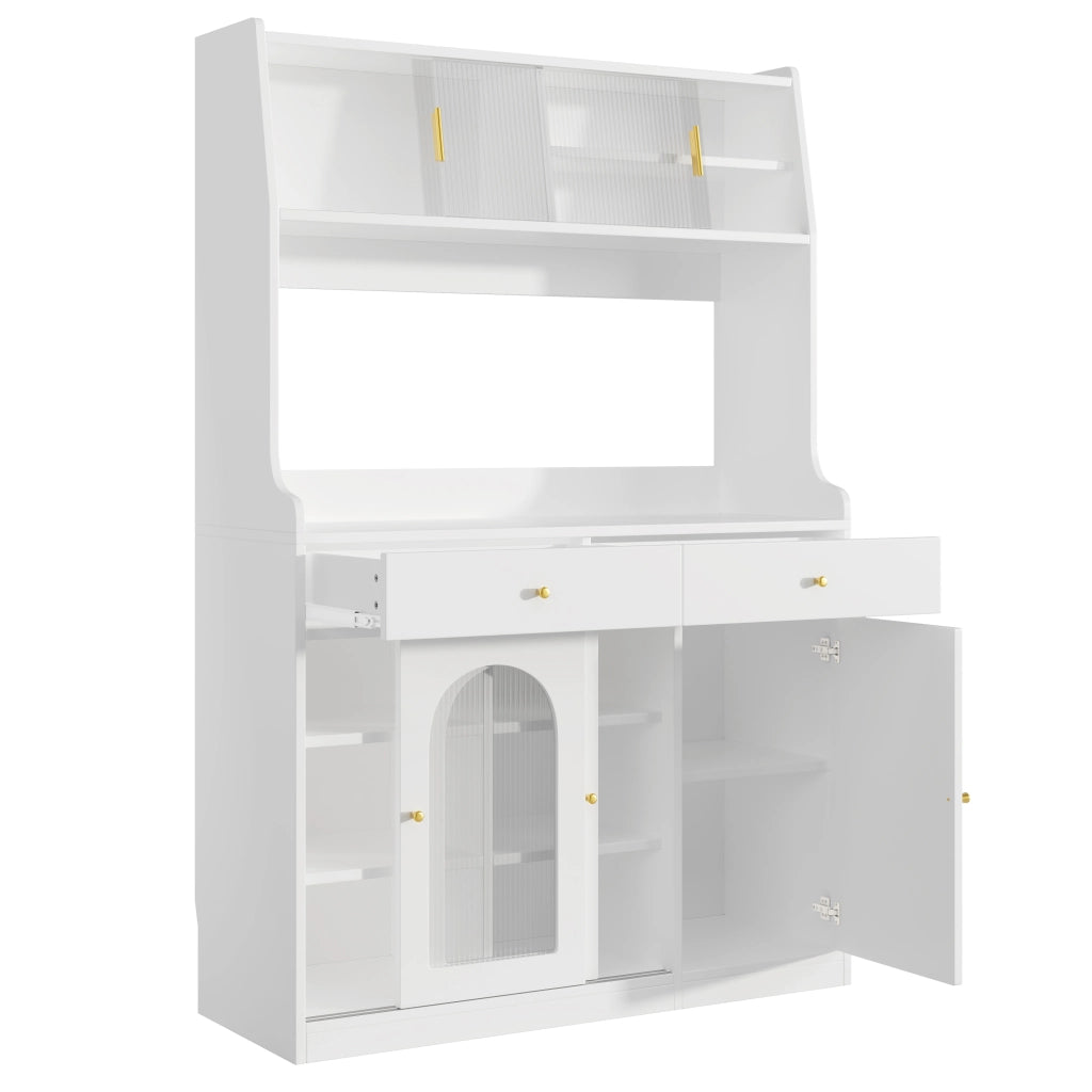 OKWISH Credenza Alta con 2 Cassetti e Ripiani Regolabili, LED, per Cucina o Sala da Pranzo, MDF, Bianco, 120 x 40 x 180 cm