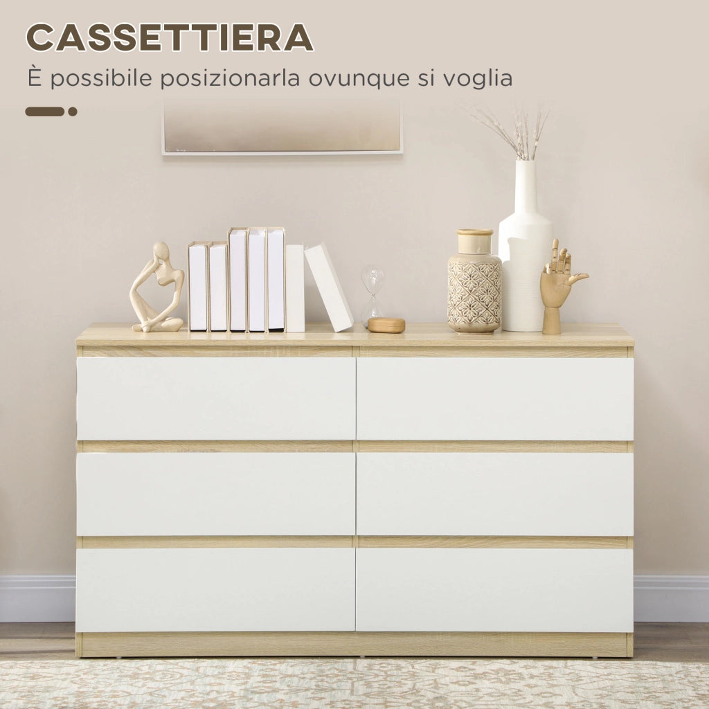 Cassettiera 6 Cassetti Moderna in Legno, Mobile Cassettiera per Camera da Letto 135x48x77cm, Bianco e Legno
